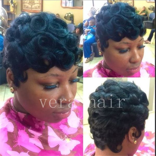 

machine made celebrity wig peruvian virgin human hair wigs curly short cut pixie girl none lace front wig for black women, Black;brown