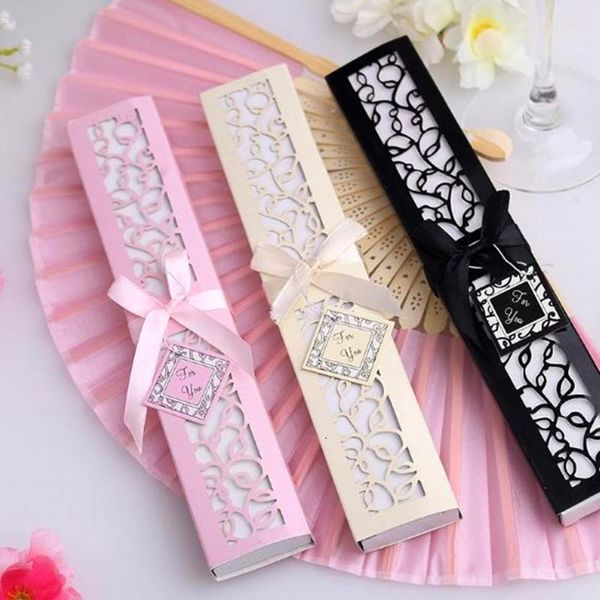 100pcs / lot personalisierter luxuriöser Silk Falten-Handventilator in der eleganten Laser-Cut Geschenkbox + Party Favors / Hochzeit Gifts + Printing LX6019