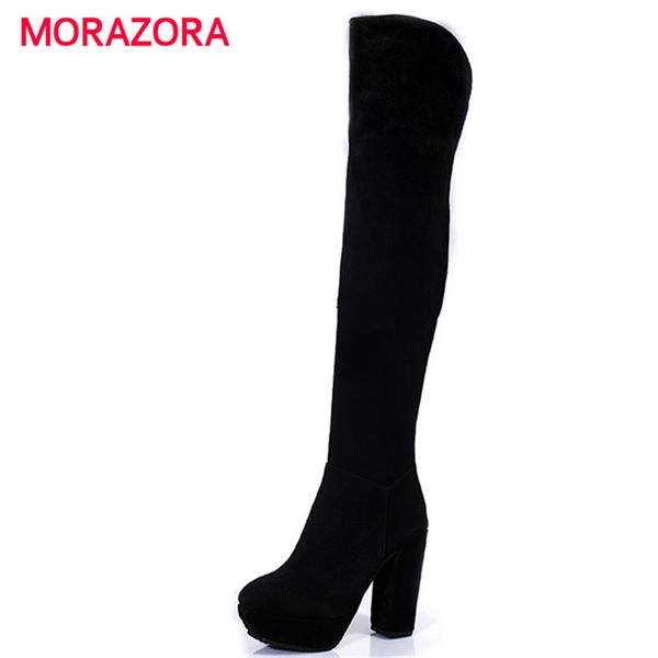 

morazora 2018 new super high heel over the knee boots autumn winter round toe square heel women boots zipper platform, Black
