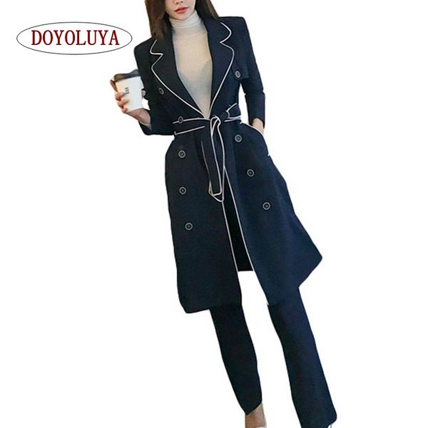 

doyoluya] women two piece set blue maxi long trench coat + long pants suits autumn winter office lady business sets clothes, Gray