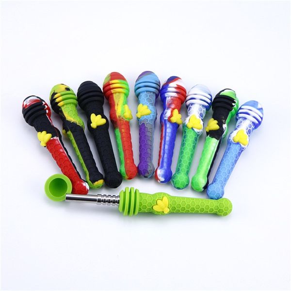 

Новое Honeycomb курительного трубки с комплектом 14mm Titanium Nail Tip Luminous Bee Design Bongs Силиконовых трубами для Dab Oil Rig Многоцветного 17sl2 E1