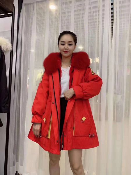 2019 mulheres casacos de peles Mukla peles marca pele de raposa vermelha cortar frios mulheres resistentes casacos forro de pele de coelho vermelho Rex vermelhas parkas short cintura EUA