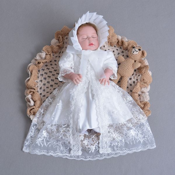 

newborn girls baptism dress white infant girl christening gown lace embroidered cape hat 3 pcs for 0-24months, Red;yellow
