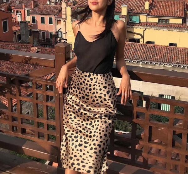 

100% silk women skirt classic leopard print slim wild lady midi skirt, Black