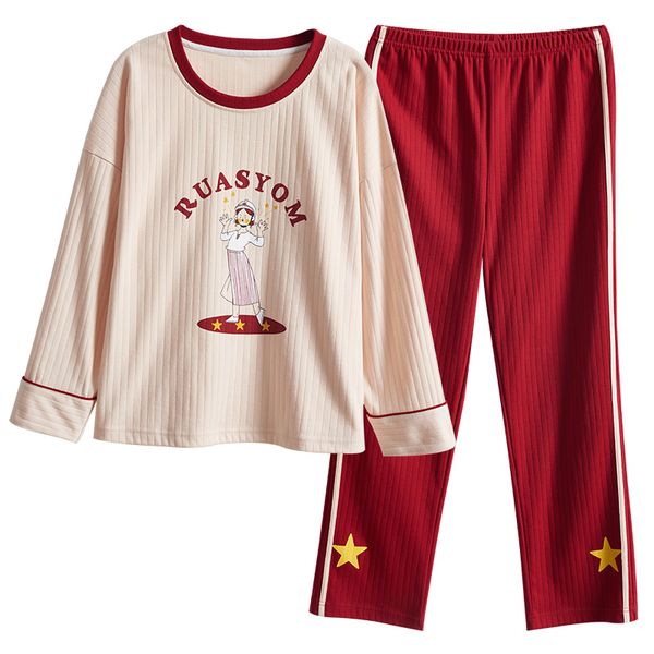 

fashion women lovely wear leisure clothes autumn long sleeved women pajamas set long pant pyjamas sets nightwear plus size, Black;red