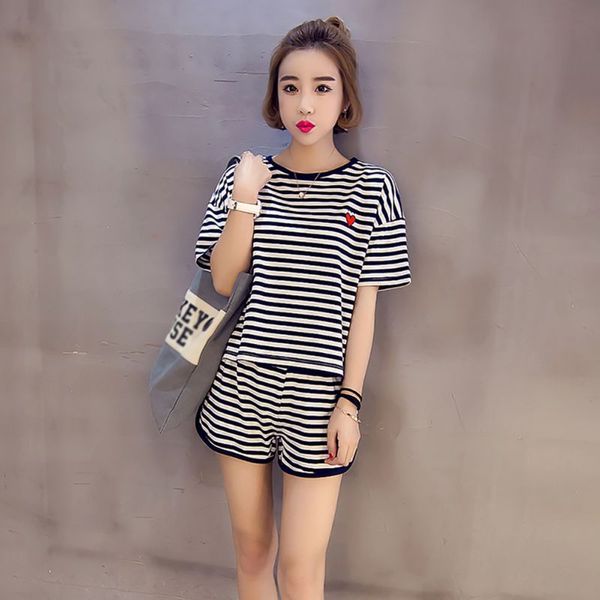 

summer short sleeves striped t shirt +shorts set 2019 women's tracksuits two piece set, White