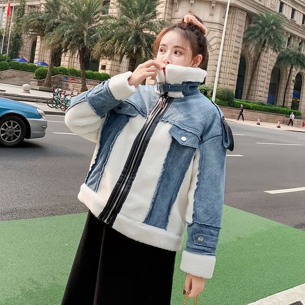 

women denim parka 2019 lamb fur jacket coat womens fashion warm thick pocket jeans coat plus size winter female jacket plus size, Black