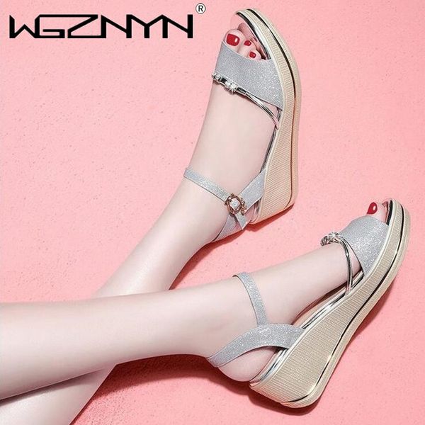 

summer crystal high wedge sandals women sandals casual thick bottom platform gladiator wedge shoes zapatos de mujer, Black