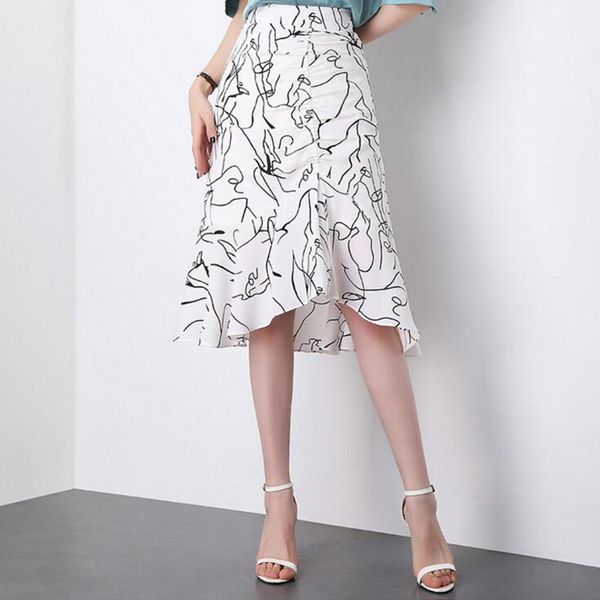 

faldas mujer moda 2019 light cooked temperament commute korean women's corrugated printed irregular skirt slim long skirt xdq338, Black