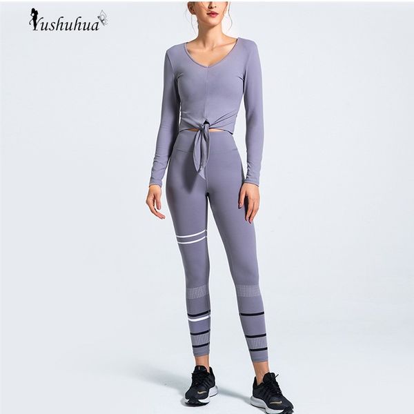 

yushuhua women's new yoga suit sportswear fitness sport set gym running set 2 piece yoga long sleeve sports + leggings