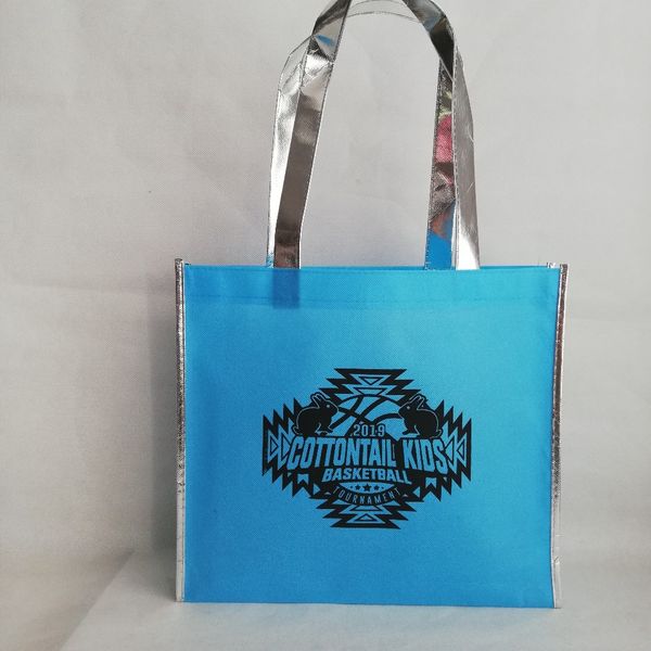 

500pcs/lot custom logo bags non woven bags with sliver trim and handle reusable tote shopping for promotion and trade show