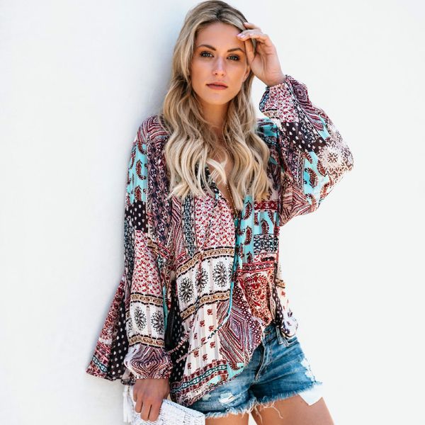 

v образным вырезом сексуальные женщины с длинным рукавом boho рубашка лето шифоновая блузка печати цветочные дамы пляж blause свободные руба, White