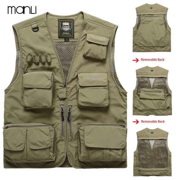 

manli outdoor brand hiking vests waistcoat for men multi-pockets unloading dry thin mesh pgraphy cargo coats, Gray;blue