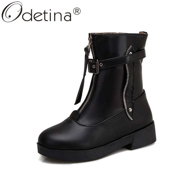 

odetina women fashion chunky mid heel zipper platform short boots ladies front zipper buckle strap winter round toe ankle boots, Black