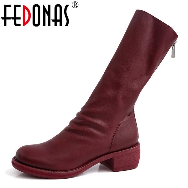 

fedonas 2020 new women autumn winter warm mid-calf boots back zipper high western boots genuine leather fashion prom shoes woman, Black