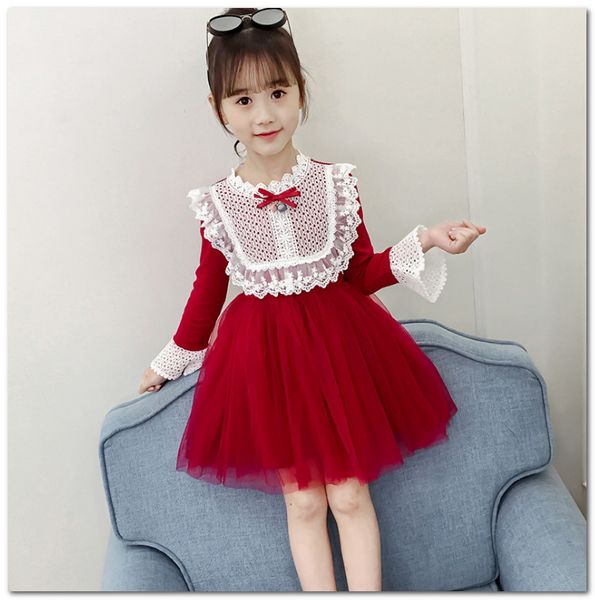 

old kids dresses girls bows tie lace hollow embroidery princess clothing children ruffle collar falbala sleeve tulle dress j2767, Red;yellow