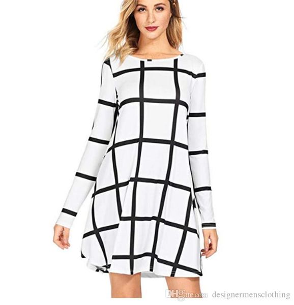 

plaid print loose womens designer dresses crew neck long sleeve a line dresses, Black;gray