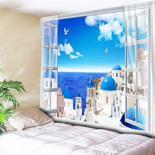 

blue sky ocean castle home decor sea wall tapestry living room bedroom bedside wall carpet hanging blanket table cloth 200x150cm