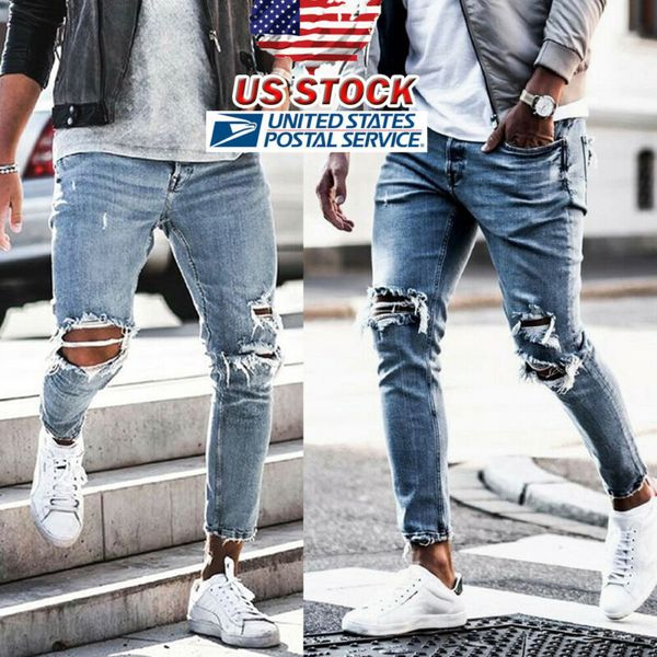 

men stretchy ripped skinny biker embroidery print jeans destroyed hole taped slim fit denim scratched jean, Blue