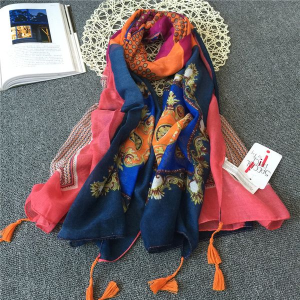 

ladies fashion scarf spring and summer new small fresh sunscreen cotton geometric pattern literary tassel air conditioning shawl, Blue;gray