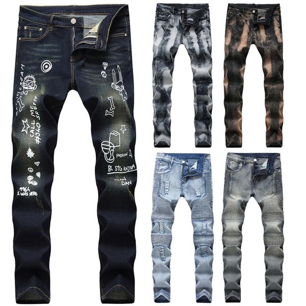 

men's jeans fashion men skinny stretchy pant denim long casual frayed trouser, Blue