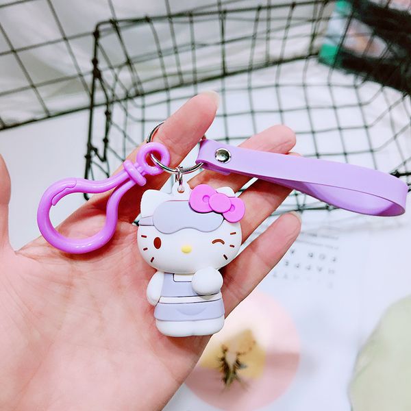 

cute purple cat hello kitty doll keychain leather rope key ring holder animal key chain keyring charm bag car pendant gift, Silver