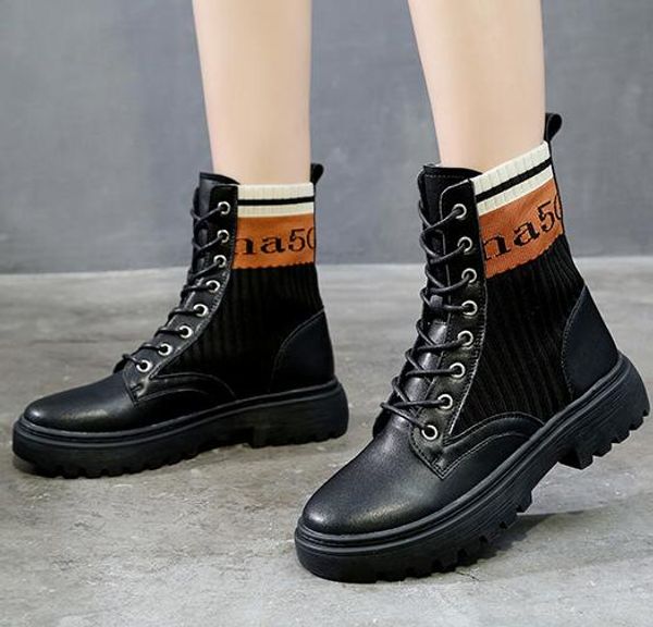 

star knit three times comfortable martin shoes platformwomen mid-tube martin casual shoes v62, Black