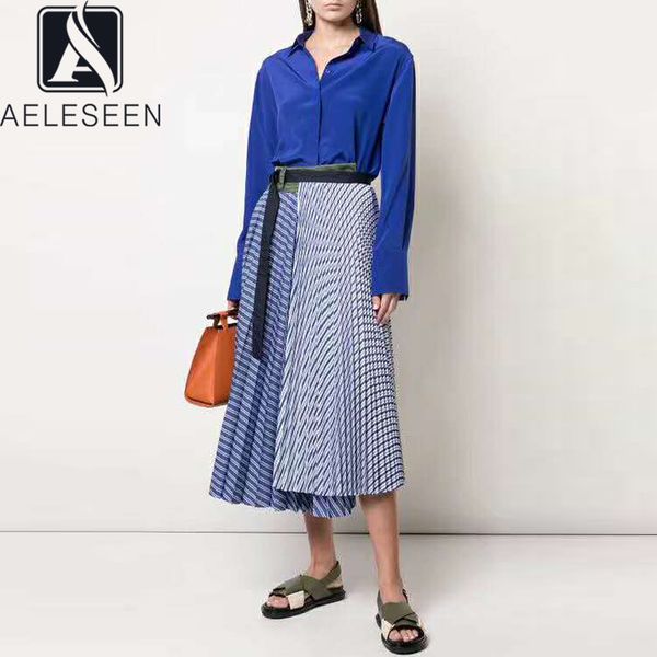 

aeleseen runway fashion women skirt 2020 spring summer irregular contrast color stripped midi vintage skirts, Black