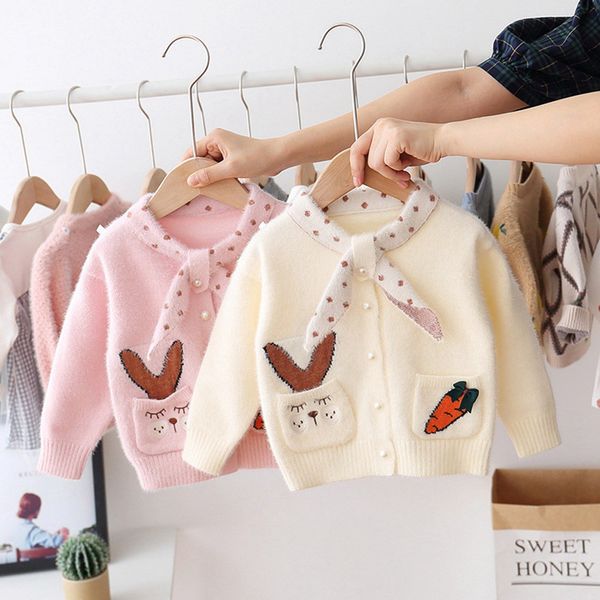 

2019 sweet autumn winter girls kids baby infants knitwear kint bow cartoon carrot cardigan sweater outwear coat s9514, Blue
