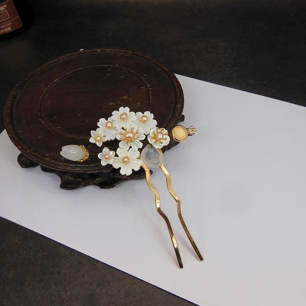 

chinese hairpin freshwater pearl shell flower hair pins hair pin bridal wedding accessories pince cheveux wigo1484, Golden;white