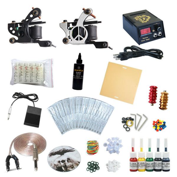 

complete tattoo kit 2 coil machine gun 5 color inks power supply tk-69q