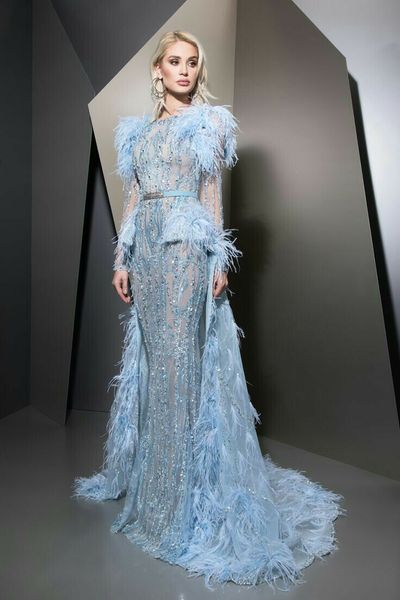 

Evening dre long dre long leeve beaded cry tal feather with trail mermaid cla ic cu tomizable in any ize modern 1488