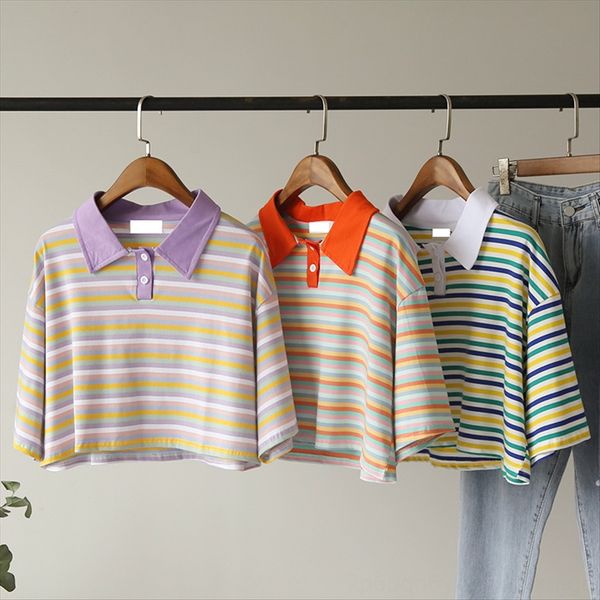 

omale] academic style short loose striped lapel t-shirt 4165 [omale] academic style short loose striped lapel t-shirt 4165, White