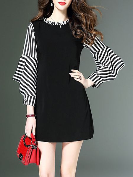 

осеннее платье шею с длинным рукавом короткое платье фонда, White;black