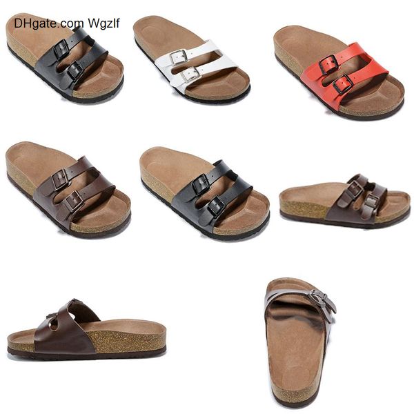 

2020 new style leather slipper hite red mens flat sandals women shoes two buckle fashion design arizona summer beach sandal, Black