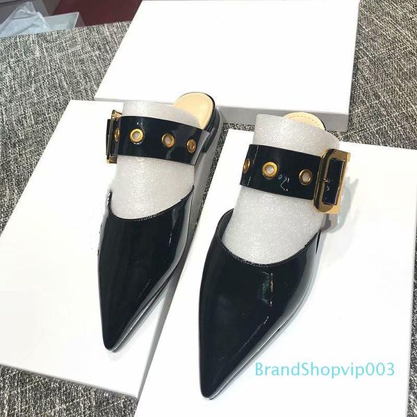 

ed toe flat slippers femal mesh metal buckle low heel outdoor slippers lady brand style shallow mouth shoes, Black