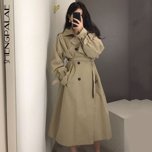 

shengpalae autumn winter 2019 bandage long sleeve female windbreaker turn-down collar women vintage trench coat tide fs861, Tan;black