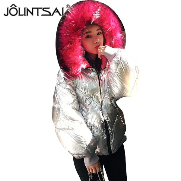 

jolintsai golden silver bright jacket coat women new winter warm zipper parkas colorful fur collar hooded fashion outwear, Black