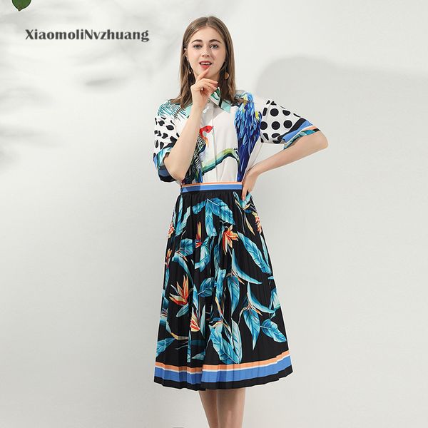 

xiaomoli мода из двух частей женская рубашка с принтом на среднем рукаве + ретро плиссированная половина юбки печатный костюм весна 2020, White