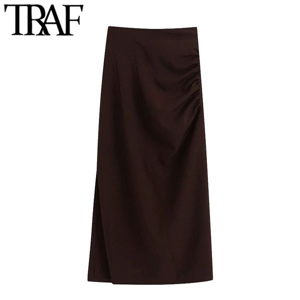 

traf women chic fashion office wear draped midi pencil skirt vintage back zipper side vents female skirts faldas mujer, Black