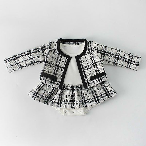 2019 Baby Body Strampler Sets Lange Ärmeln Plaid Strickjacke Overall Anzug 0-2T Mädchen Kinder Kleidung