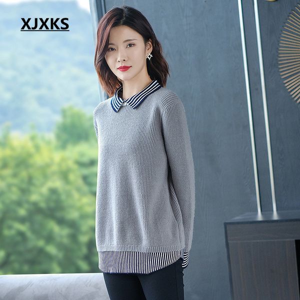 

xjxks fashion lapel women wool knitted sweater 2020 spring new fake two-piece comfortable women wool sweater, White;black