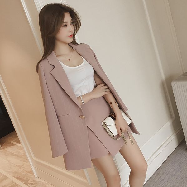

jackets and slim mini skirts two pieces sets female outfits fashion women skirt suits one button notched striped blazer, White;black