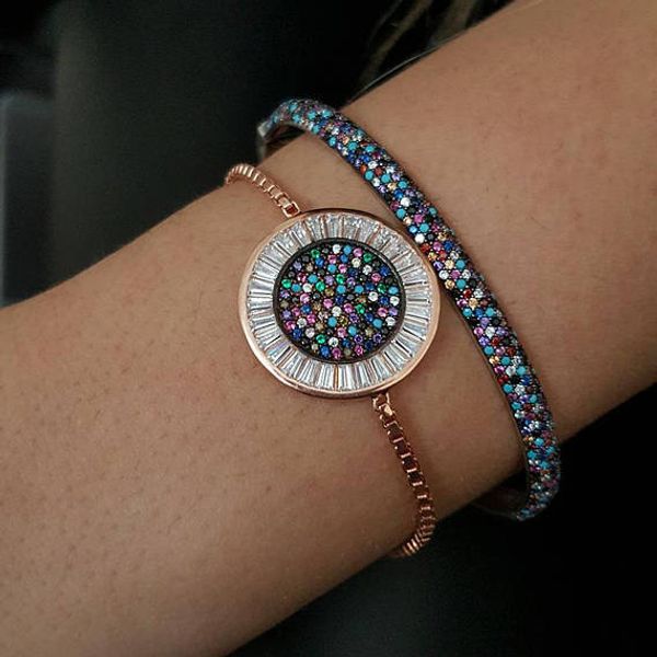 

round disco charm micro pave baguette cubic zirconia cz rose gold color box adjust chain turkish teen girl gift eye bracelet, Golden;silver