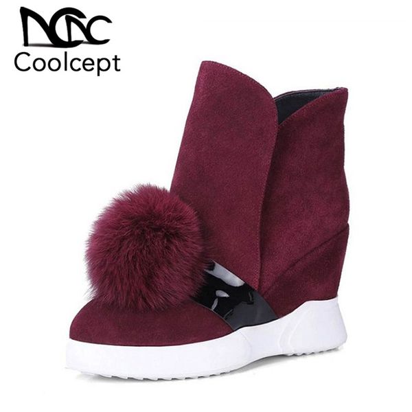 

coolcept size 34-40 warm winter shoes women real leather high heel wedges winter boots for women pompon warm feminina botas, Black