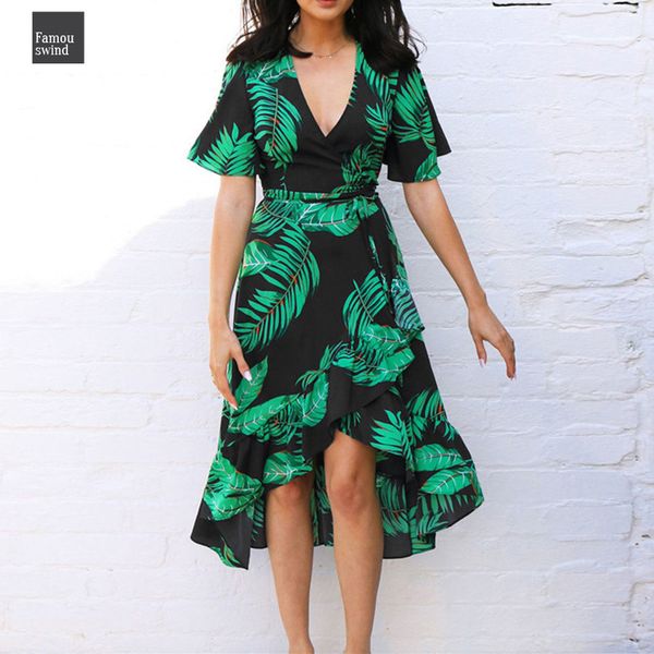 

версия для печати цветочные платья пляжа лета платья женщин шифон повседневный с коротким рукавом v шеи wrap партии платья дизайнер одежды, Black;gray