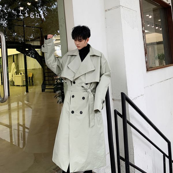 

men vintage double breasted loose casual long belt trench coat male streetwear windbreaker overcoat jacket, Tan;black