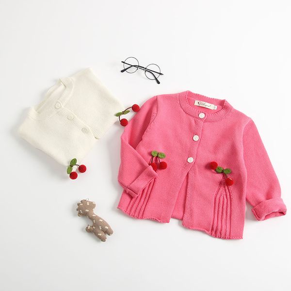 

2018 autumn new arrival korean verison cotton pure color cherry all-match knitted sweater coat sweater for cute sweet baby girls, Blue