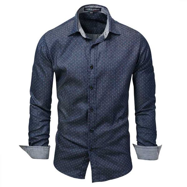 

men's casual shirts 2021 summer autumn men polka dot denim shirt long sleeve 100% cotton male social dress -3xl, White;black