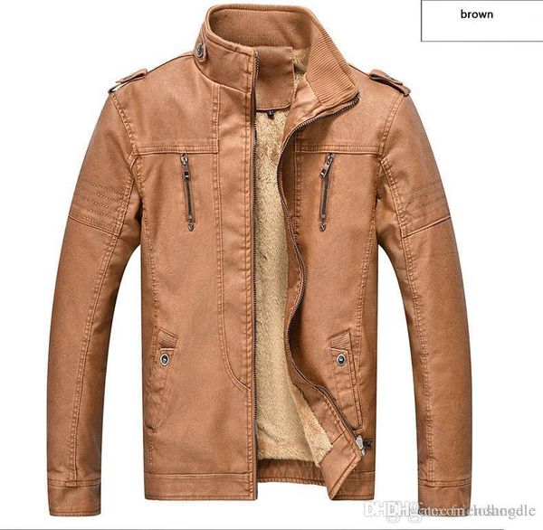 

men's leather retro washed pu plus velvet fashion leather outerwear men's leather jacket brand motorcycle jackets, Black